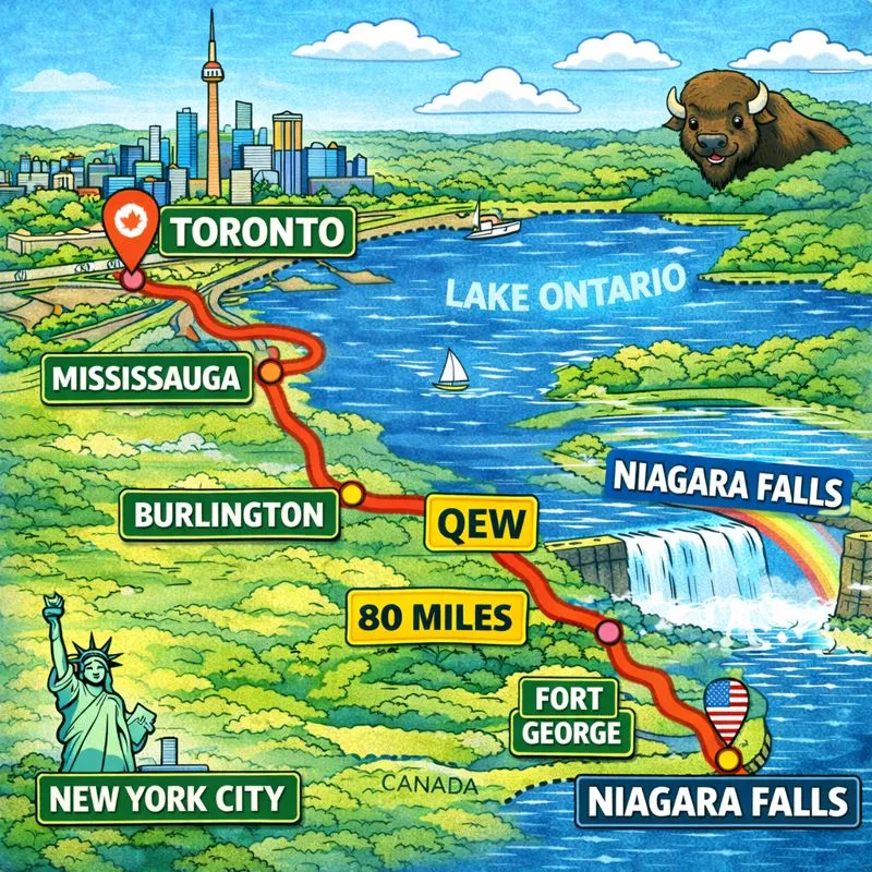 Map showing distance from Toronto to Niagara Falls
